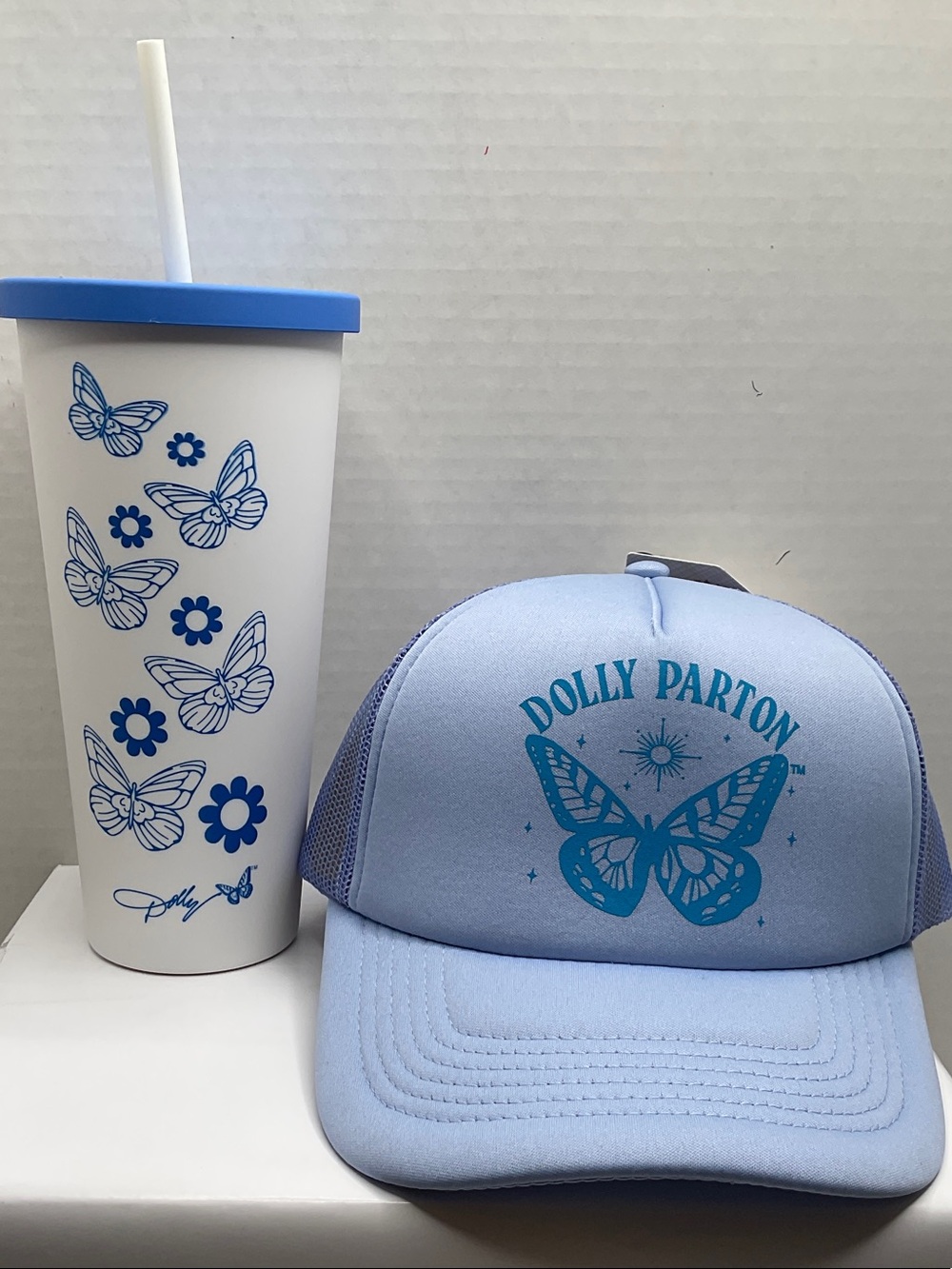 Dolly Parton Blue Butterfly Trucker Hat and Cup Set
